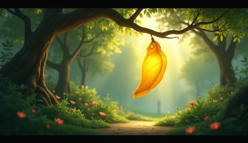 The garden scene with a glowing yellow cocoon hanging from a branch, time passing by with the changing light of day, and the garden quiet and still."