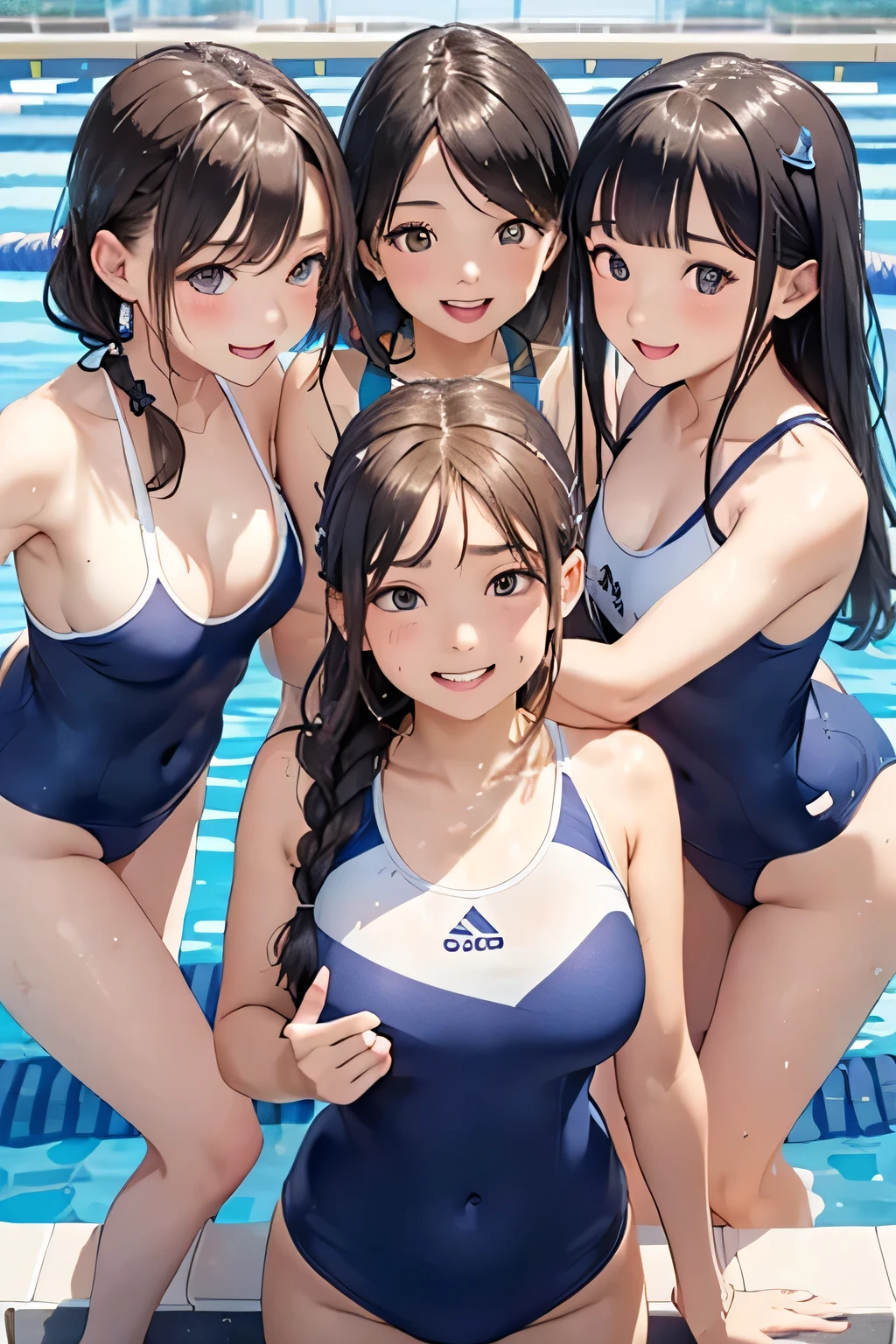 Highest quality、High resolution、Detailed Background、(Beautiful face in every detail:1.4)、Detailed facial expressions、(Detailed eyes:1.2)、 beauty、Light color hair、Braided Ponytail、Braided bob cut、(A wet and shiny navy blue school swimsuit)、(Huge breasts:1.2)、Perfect body line、
(Three beautiful girls in school swimsuits having fun in the school pool:1.5)、
A big smile、Laughing with your mouth open、My whole body is wet、My hair is wet too、A fun atmosphere、Embrace each other、Cute gestures、Accentuate your breasts、cute