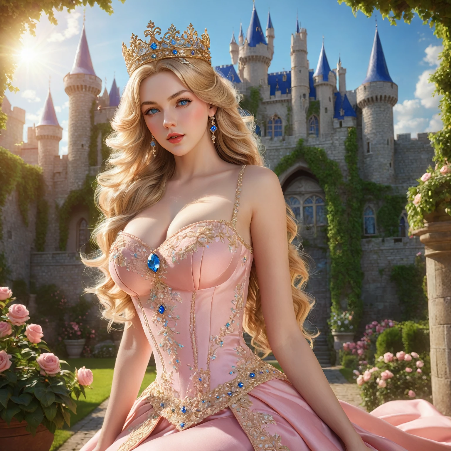 PRINCESS PEACH, 1 girl, beautiful detailed blue eyes, beautiful detailed lips, extremely detailed face, long eyelashes, loose wavy blonde hair, ornate crown, elegant topless royal dress, pink dress with perfect breasts, intricate embroidery, castle courtyard, garden lush, sunlight coming in, dramatic lighting, photorealistic, 8K, high resolution, detailed, fantasy, She is sitting with sensual legs, sexy.