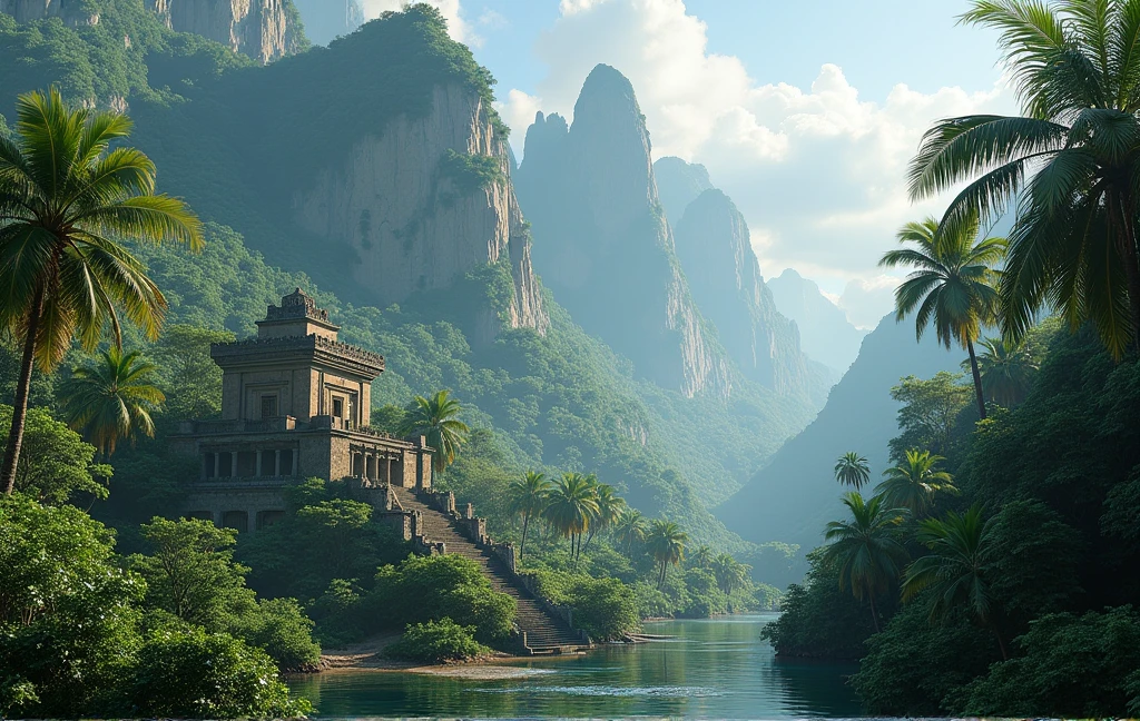 very very very towering jungle mountains over tropical jungle with palm trees and african stone Palace