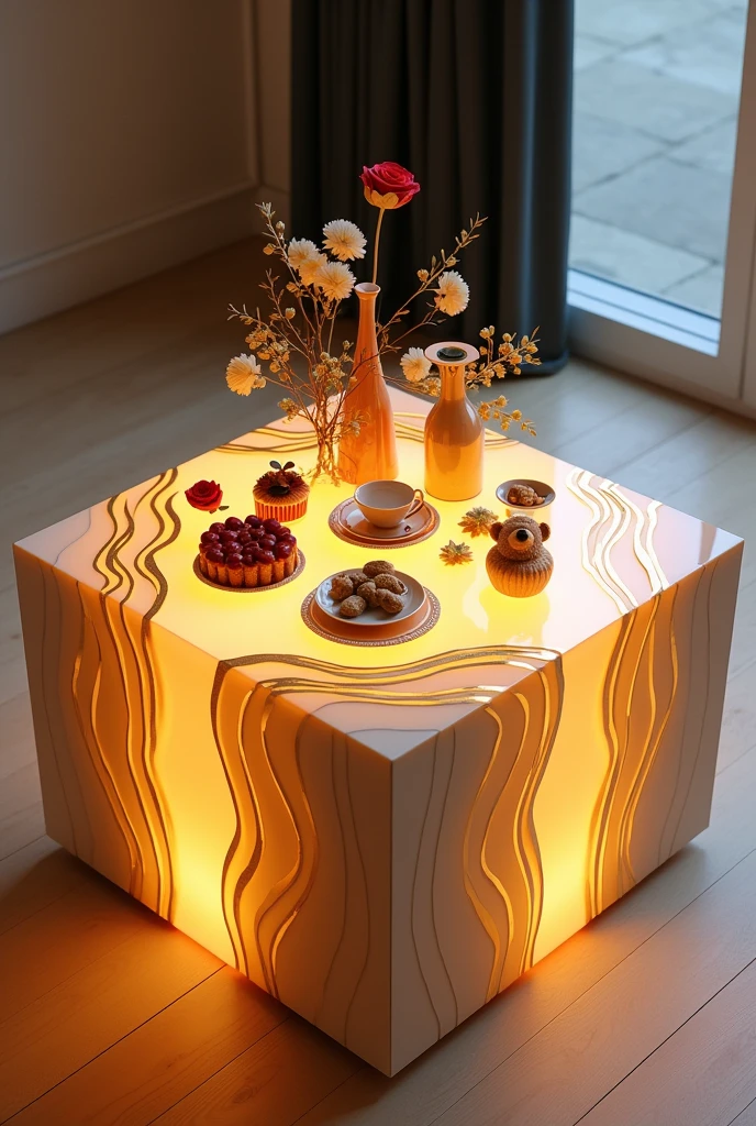 Small square table, perfect for serving coffee, handcrafted with a clear glass top, shows inside the table interior decoration such as accessories and a small teddy bear inside the table, lit from the inside with a soft warm orange LED light. The sides are covered in an epoxy layer interspersed with shiny gold stripes, giving a luxurious touch and a look that resembles flowing waves.. Gold stripes extend across the sides to complement the stunning artistic design.. The table is decorated with simple decorations such as golden swags, small flowers, a cake, nuts, a red rose, and a tea cup.. The table is placed on a light-coloured wooden floor, enhancing the contrast between modern design and classic luxury.. The table combines elegance and simplicity, making it a distinctive piece of art in any room or living room.