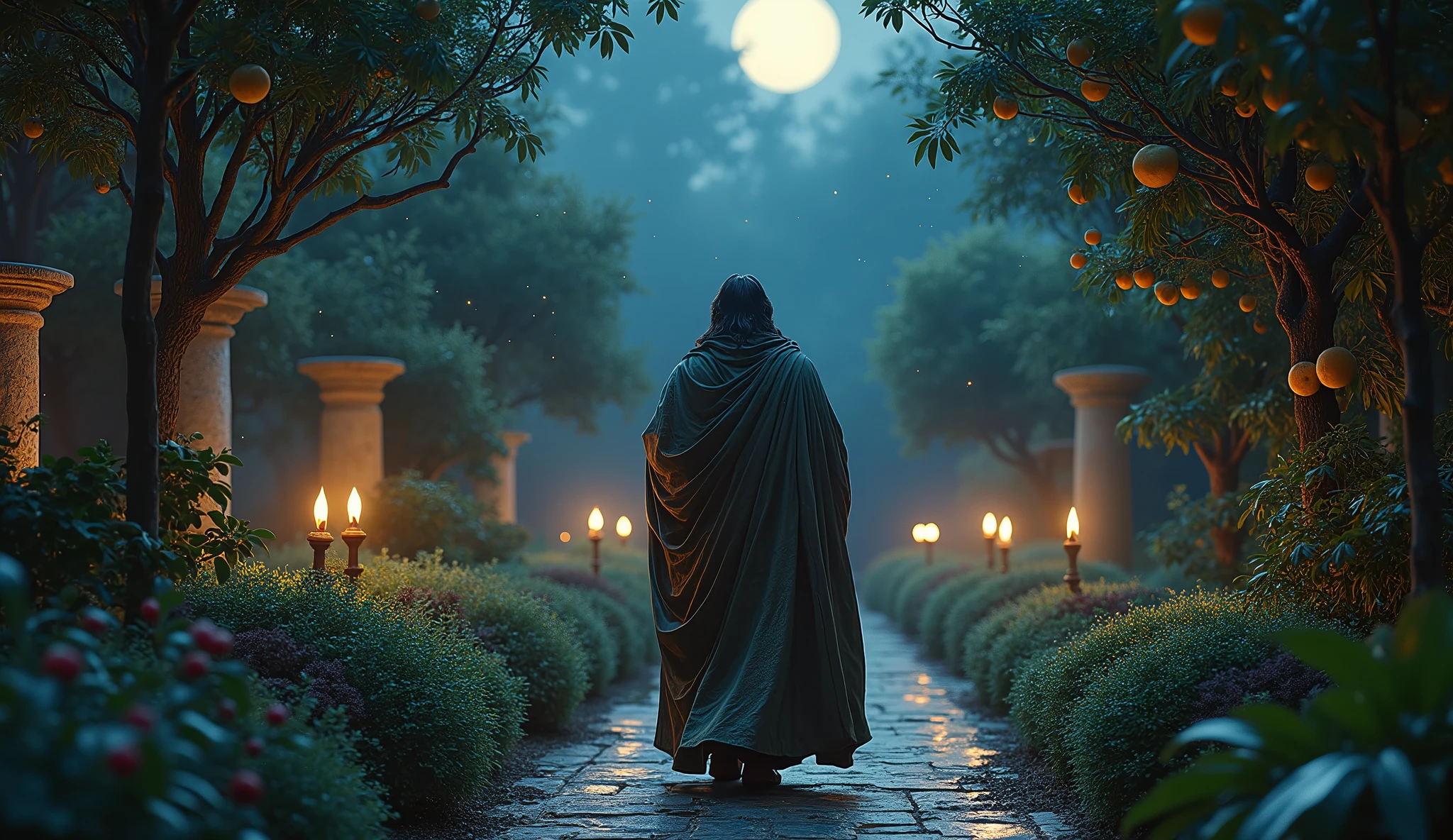 Crie uma imagem hiper-realista e misteriosa de Solomon caminhando por um jardim noturno dentro do palácio, lit only by torches and moonlight. The garden must be full of fruit trees, exotic flowers and stone paths, creating a serene and introspective atmosphere. Solomon, dress with detailed cloaks, must be in a moment of reflection, looking at the starry sky. The scene should capture the connection between inner wisdom and the natural world, suggesting that true prosperity comes from harmony between knowledge and nature.