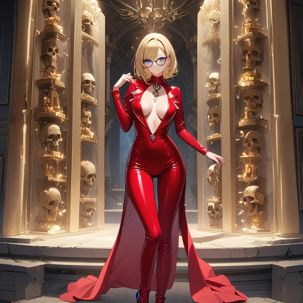 A shot framed by rows of cold, calculating LED lights casts an eerie glow on a lab filled with human bones. A stunning woman, her blonde hair styled neatly, stands amidst the relics in stiletto heels and a provocative outfit - a red pencil suit with a low-cut top and a red miniskirt. Her piercing blue eyes seem to gleam with intelligence and malice behind sharp silver-rimmed glasses. As she smiles at the camera, her beauty and seductive charm are undeniable, even amidst the gruesome experiment's results.