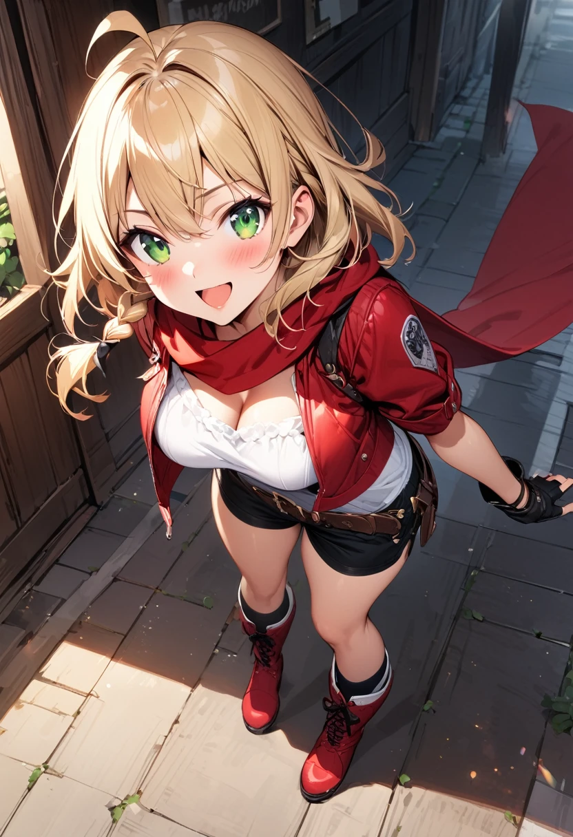 (masterpiece),(best quality),(ultra-detailed),(best illustration),(best shadow),(absurdres),(detailed background),(very aesthetic), 1girl, solo, blonde-hair, braid, boots, ahoge, shorts, gloves, fingerless-gloves, open-mouth, belt, socks, red-jacket, smile, breasts, black-socks, scarf, single-braid, reverse-grip jacket, side-braid, cleavage, medium-breasts, simple-background, kneehighs, green-eyes, looking-at-viewer, cropped-jacket, red-scarf, red-footwear, kirisame-marisa, blush, knee-boots, standing, short-hair, open-jacket, shirt, black-gloves, :d, short-shorts, short-sleeves