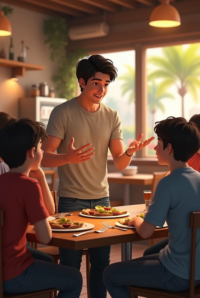 I want a picture of a boy in his adult stage with dark brown hair, short man wearing a t-shirt and jeans. He is chatting with other young boys and girls around him sitting at the same table in a restaurant..