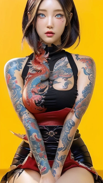 a woman with tattoos and a red dragon on her arm and blue eyes, cartoon character; full body art, dragon girl, the dragon girl portrait, anime woman full body art, Beautiful character painting, detailed anime illustrations, 8K high quality detailed art, Oriental tattoos, by Yang J, full body art muy detallado, Taiwanese girl with tattoos, yakuza slim girl, japanese art style, hourglass body type, big breasts, defined waist , big hips