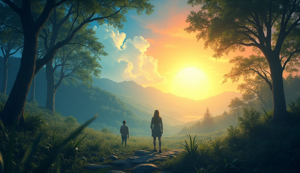 A person standing in a moonlit forest, with moonlight casting an emotional glow, and another person under the sun, with sunlight energizing them. The scene transitions smoothly between night and day. --ar 16:9