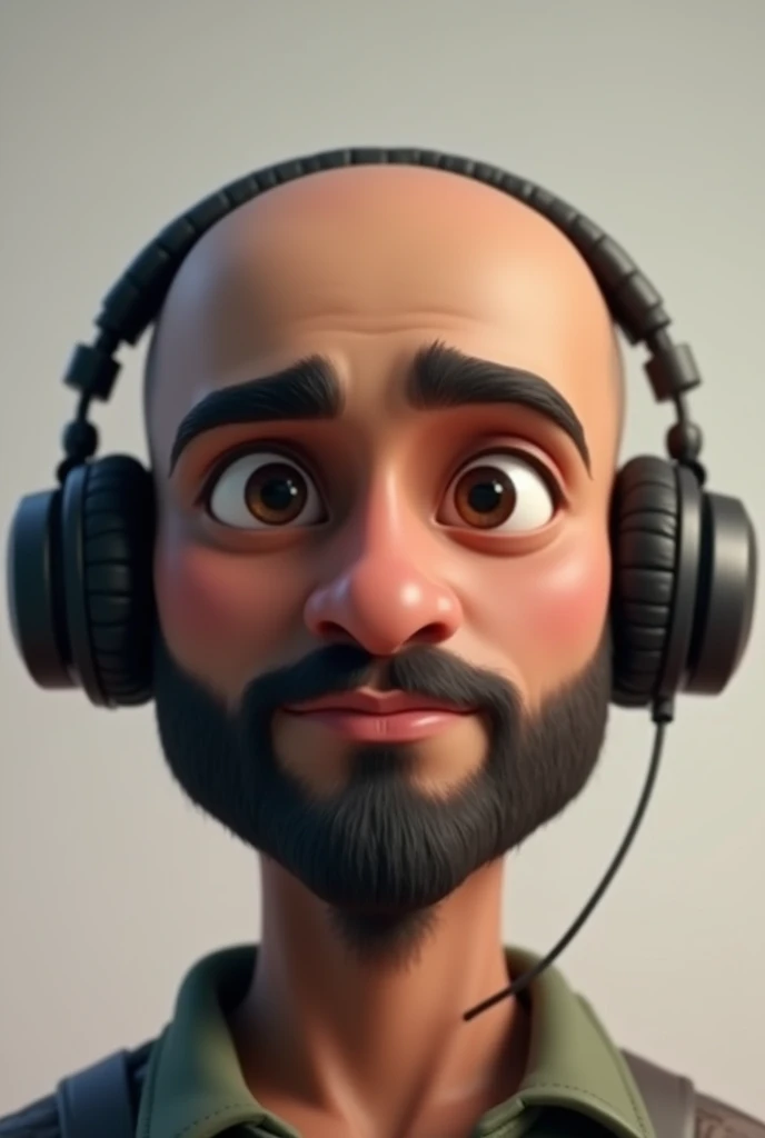 A Pakistani Skin Toned Young man completely bald, small beard and normal mustache, in portrait bitmoji image. wearing moderate size headphone. be a li healthy ROUND face. and his face should be from facing just like in passport picture. eyes should not be that much opened. make the skin a little dark. can you make it a bit more 3d animatic?