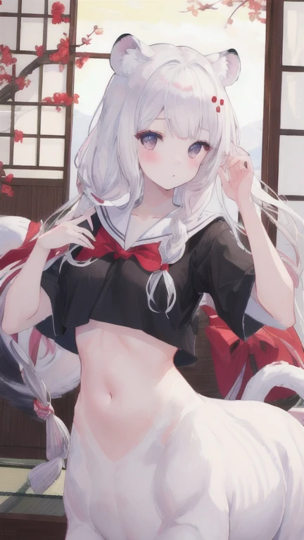 (best quality, masterpiece), 1 girl, centaur, I beg, White skin, Japanese schoolgirl,daughter,black pink, exposing the abdomen, belly button t-shirt , beautiful girl perfect, White tiger photo, 완벽한 White tiger photo