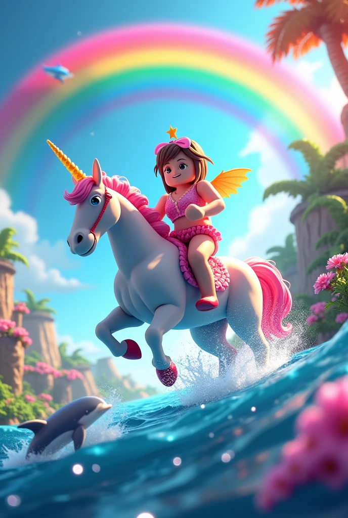 Unicorn ridden by a Roblox doll with dolphins and rainbows, all very colorful, as if it were a paradise