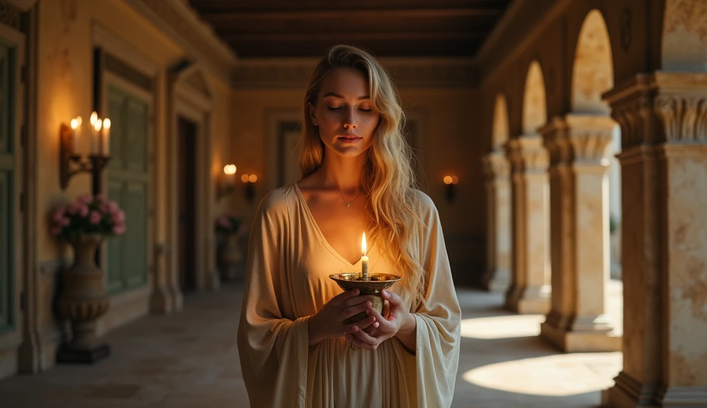 In the heart of an ancient villa, a woman light a lamp in a house. Her expression is one of reverence and contemplation, adding a sense of mystery to the scene. This high-resolution painting captures the moment with exquisite realism, showcasing the woman's flowing robes and ethereal beauty. The composition is in biblical symbolism, inviting viewers to ponder the significance of the event. Ensure that the image depicts the thematic concept of lost coin story and is visually appealing and eye-catching. hyper detailed, dynamic color , wearing a tunic, super emotional image, Great quality and realistic image, the epic scene, hiper realistic, blockbuster, high detailed, , 4K photography, 50mm f/1.8 lens, high details, high face details, high hands details, perfect hands, soft illumination, high quality, natural light, stunning blockbuster background, dynamic angle