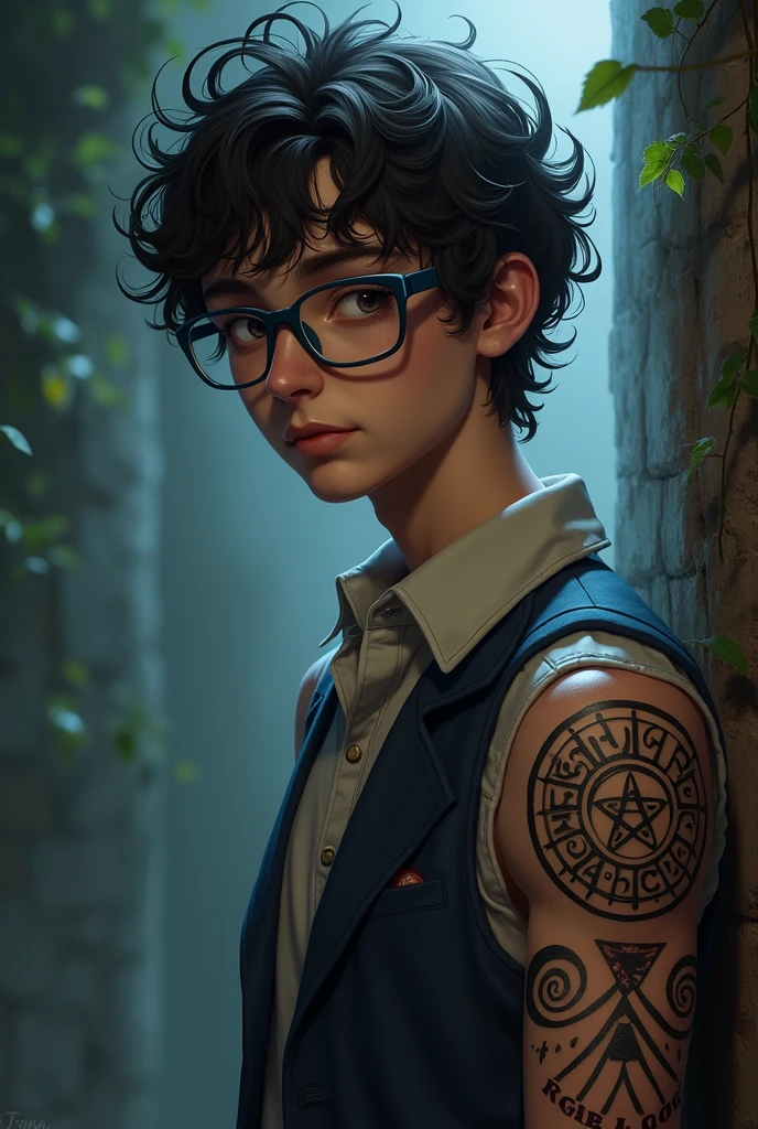Bruno is a 22 year old adult with curly frizzy hair , brown eyes almost black in tone , has light brown skin , wears blue-rimmed glasses and wears semi-formal clothing. He has symbols tattooed on his left arm that he leaves visible most of the time. In RPG style - Paranormal Order, he is injured.
