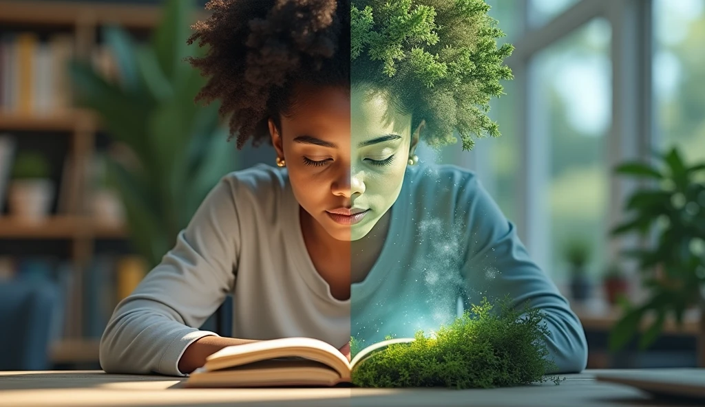 A split scene showing a person working intensely on one side and relaxing peacefully with a book or in nature on the other. The transition between the two sides should be calm and harmonious. --ar 16:9