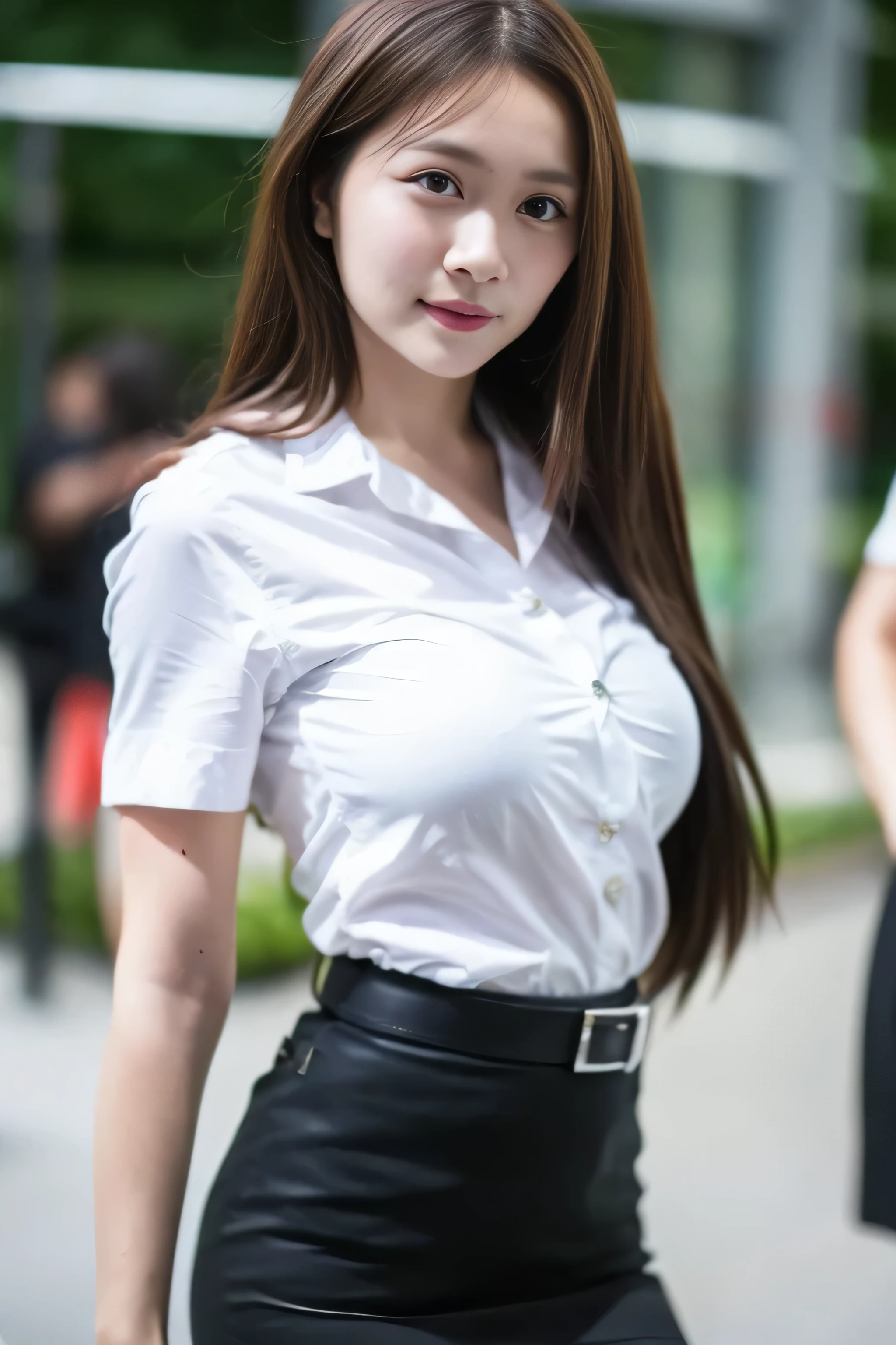 Close up,1 girl{{A beautiful woman wearing a white short-sleeved shirt and a short black A-line skirt}} , standing a sexy pose. Inside out University.