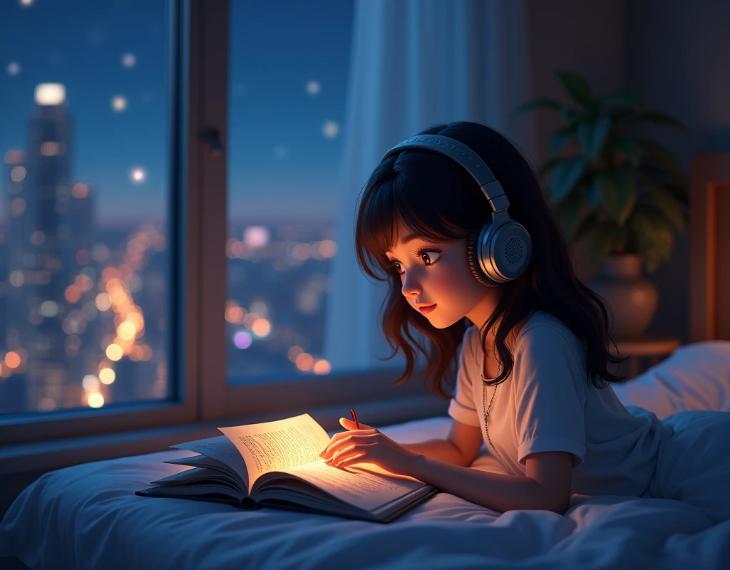 Beautiful  Girl in Her Room in the City Waring Earpads Studding a Computer Book In Front of Stars in the Window at Night Hyper Realistic, (In first person),8k,Ultra detailed HD,Pixar-style,High definition,16:9