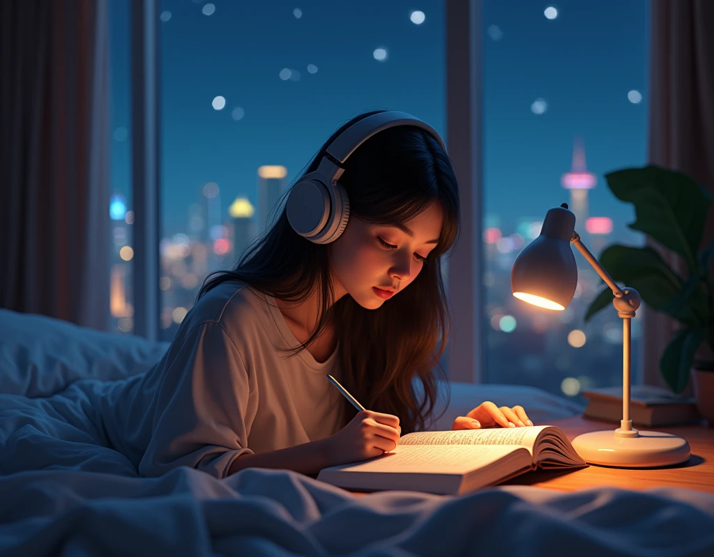 Beautiful Teenage Girl in Her Room in the City Waring Earpads Studding a Computer Book In Front of Stars in the Window at Night Hyper Realistic, (In first person),8k,Ultra detailed HD,Pixar-style,High definition,16:9