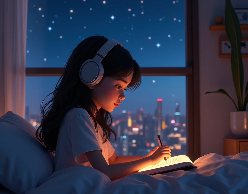 Beautiful Girl in Her Room in the City Waring Earpads Studding a Computer Book In Front of Stars in the Window at Night Hyper Realistic, (In first person),8k,Ultra detailed HD,Pixar-style,High definition,16:9