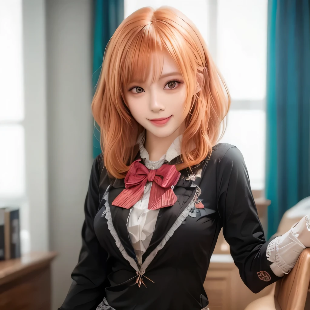 Masterpiece, best quality, CG, wallpaper, HDR, high quality, high-definition, extremely detailed, looking at viewer, smile, cute girl, ultra realistic, ultra detail, 70 mm lens, orange hair