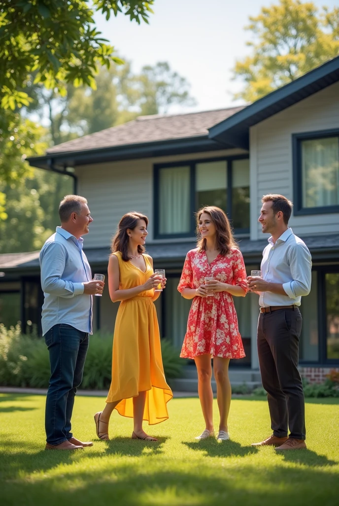 Three men at an afternoon barbecue with foreign women in front of the house