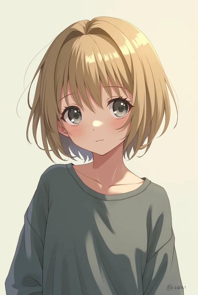 Girl, like , dark blonde hair, short to the neck, Her hairstyle is kind of emo, gray eyes, wears puffy casual clothes. anime style.