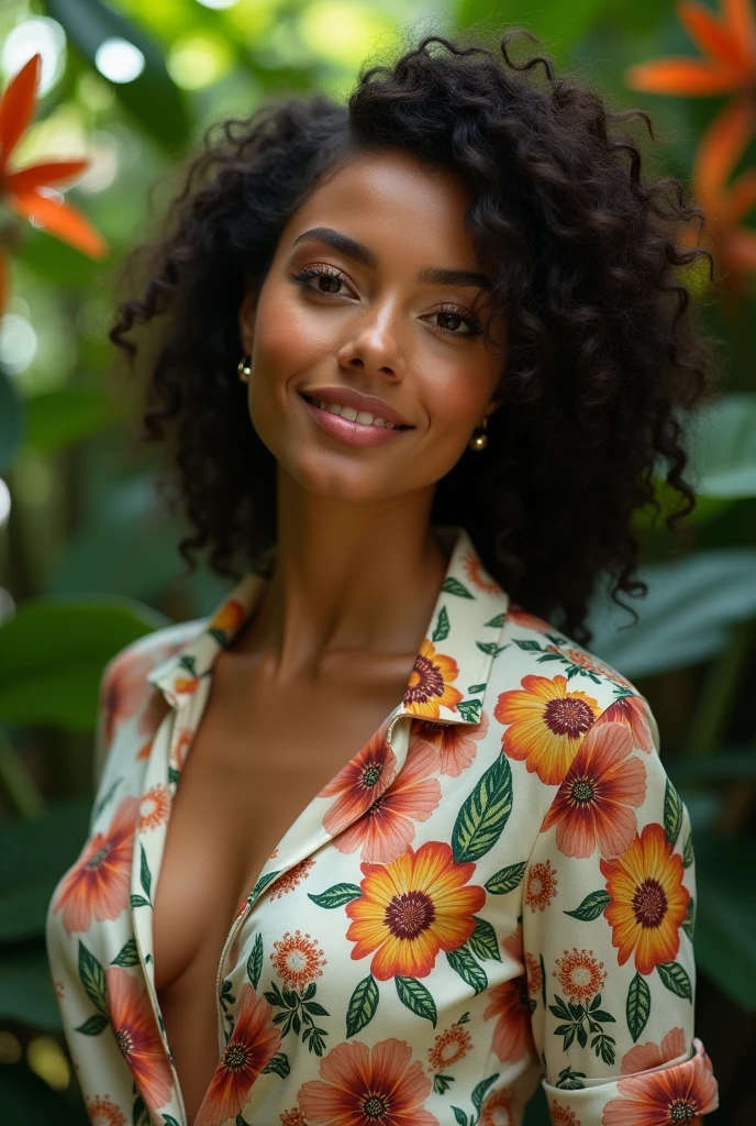 A Brazilian woman in a lush tropical garden, wearing an open shirt with a floral print, with a close-up capturing the harmonious beauty between her breasts and the natural flowers, showing off your natural charm and outgoing personality.