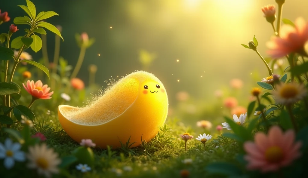 A bright, magical morning in the garden with soft sunlight illuminating the yellow cocoon, creating an atmosphere of anticipation and wonder."