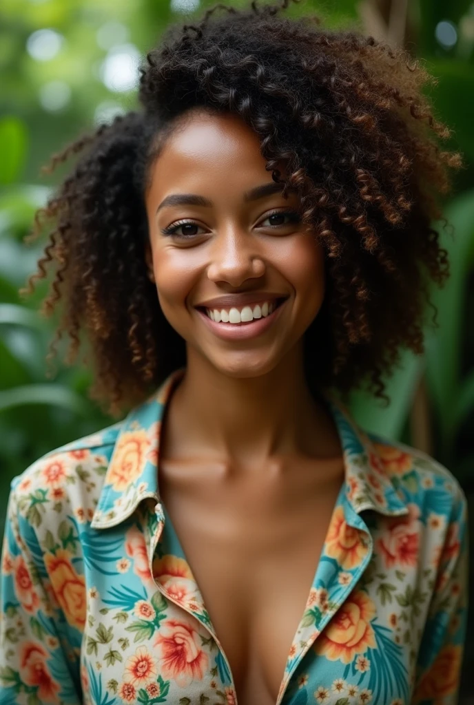 A Brazilian woman in a lush tropical garden, wearing an open shirt with a floral print, with a close-up capturing the harmonious beauty between her breasts and the natural flowers, showing off your natural charm and outgoing personality.