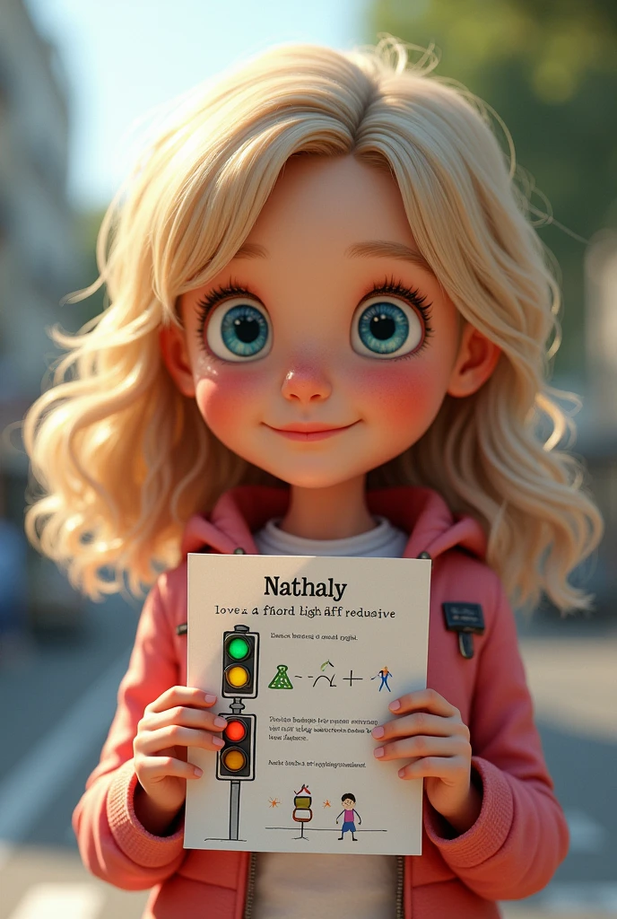 NATHALY A 6 YEAR OLD GIRL WITH LIGHT WAVY HAIR,
She made flyers with drawings of the traffic light and explained how it would help children and adults to cross the street safely.. He also made small versions of the traffic light to sell to other families..