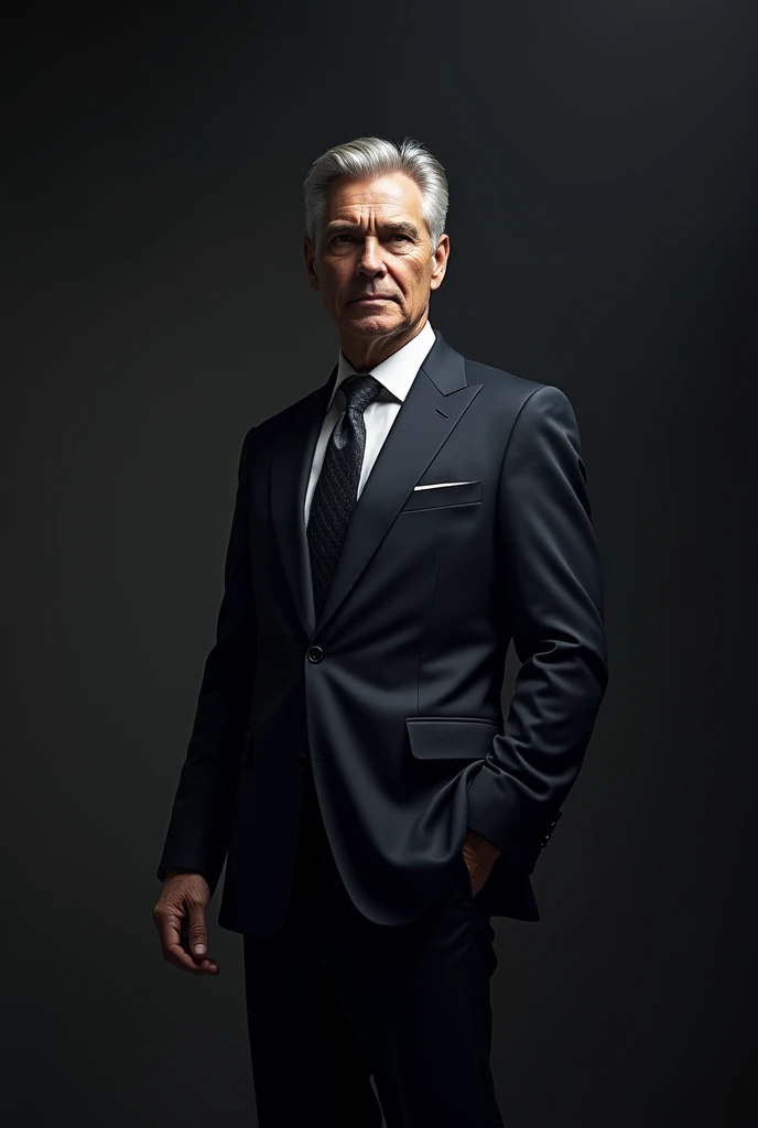 Generate an ultra realistic, cinematic image of a stylish man wearing a suit. gray hair looking forward