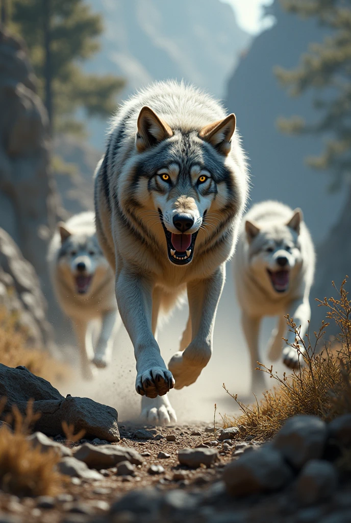 Create a wolf that is running and is being chased by dogs