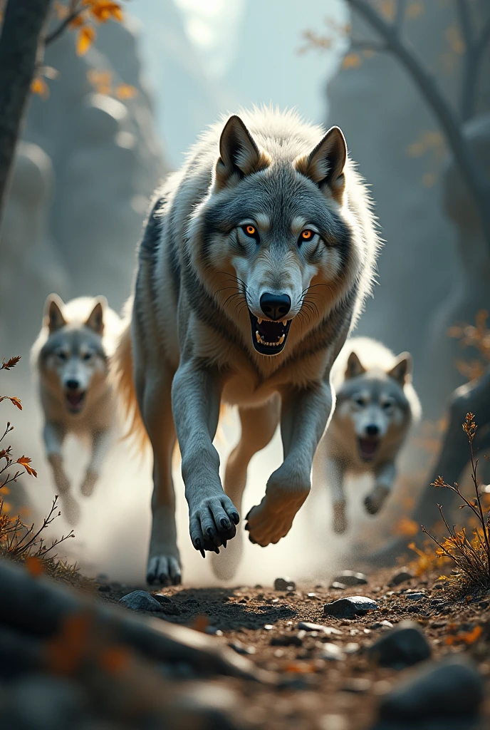 Create a wolf that is running and is being chased by dogs