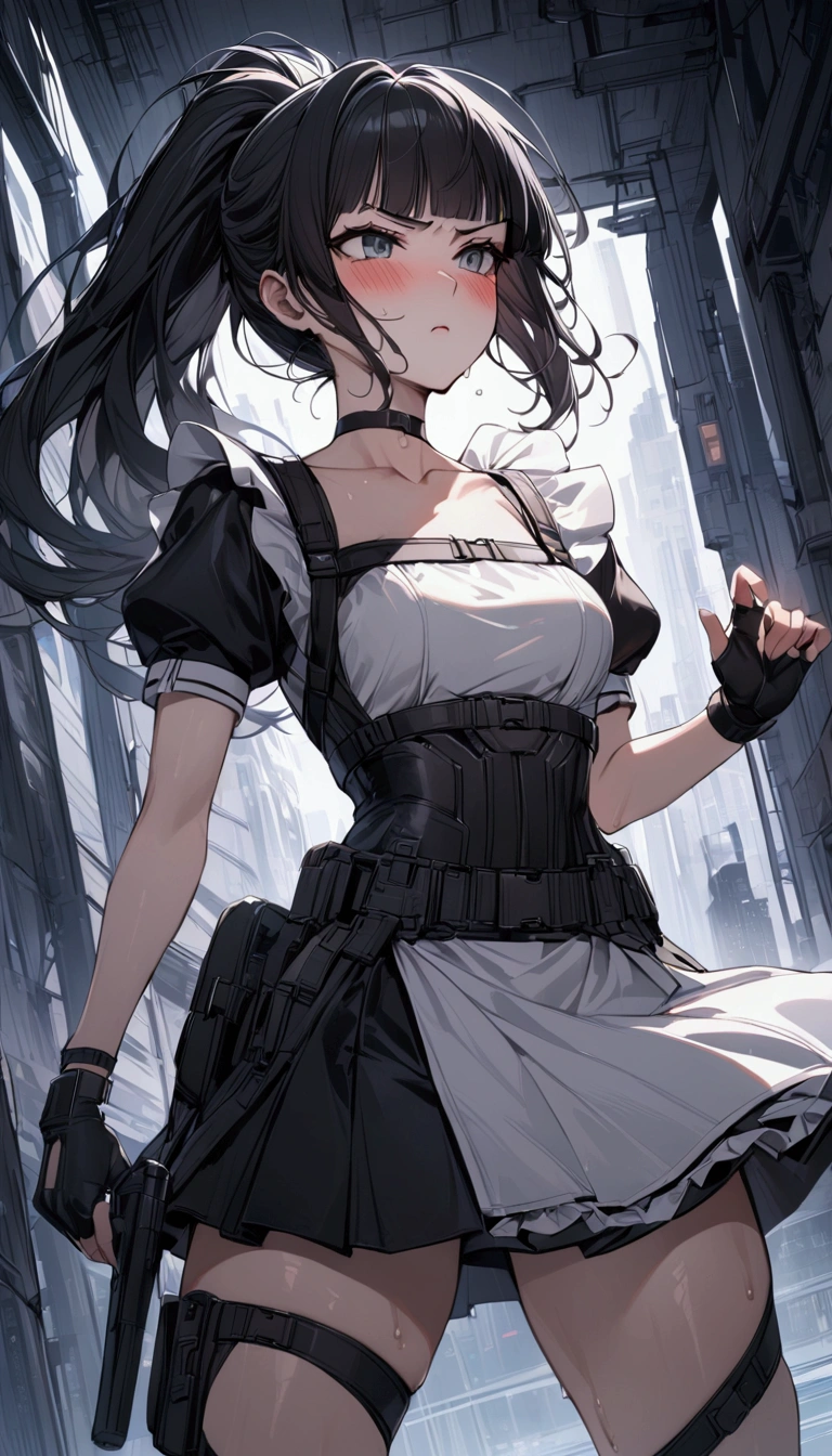 cowboy shot,1girl solo,Female fighter ,maid outfit, collarbone, {{white puff sleeves:1.4}}, {{White short-sleeved puff-sleeved blouse:1.6}},black shoulder straps, black corset, black flared skirt, blunt bangs, black choker. Dynamic composition,dutch angle,{{fight}},{{masterpiece}}, {{{Highest quality}}},{{Very detailed}},holster　,Fight,,{{v-shaped eyebrows}},Bad mood,blush,Sweat,raise one's eyebrows　,Black hair Long hair,Blunt bangs　,cyberpunk　,Black fingerless gloves　,White frilled apron,ponytail,Training area,Indoor