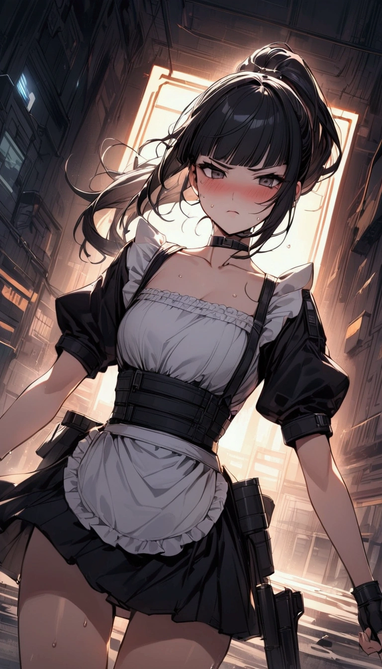 cowboy shot,1girl solo,Female fighter ,maid outfit, collarbone, {{white puff sleeves:1.4}}, {{White short-sleeved puff-sleeved blouse:1.6}},black shoulder straps, black corset, black flared skirt, blunt bangs, black choker. Dynamic composition,dutch angle,{{fight}},{{masterpiece}}, {{{Highest quality}}},{{Very detailed}},holster ,Fight,,{{v-shaped eyebrows}},Bad mood,blush,Sweat,raise one's eyebrows ,Black hair Long hair,Blunt bangs ,cyberpunk ,Black fingerless gloves ,White frilled apron,ponytail,Training area,Indoor