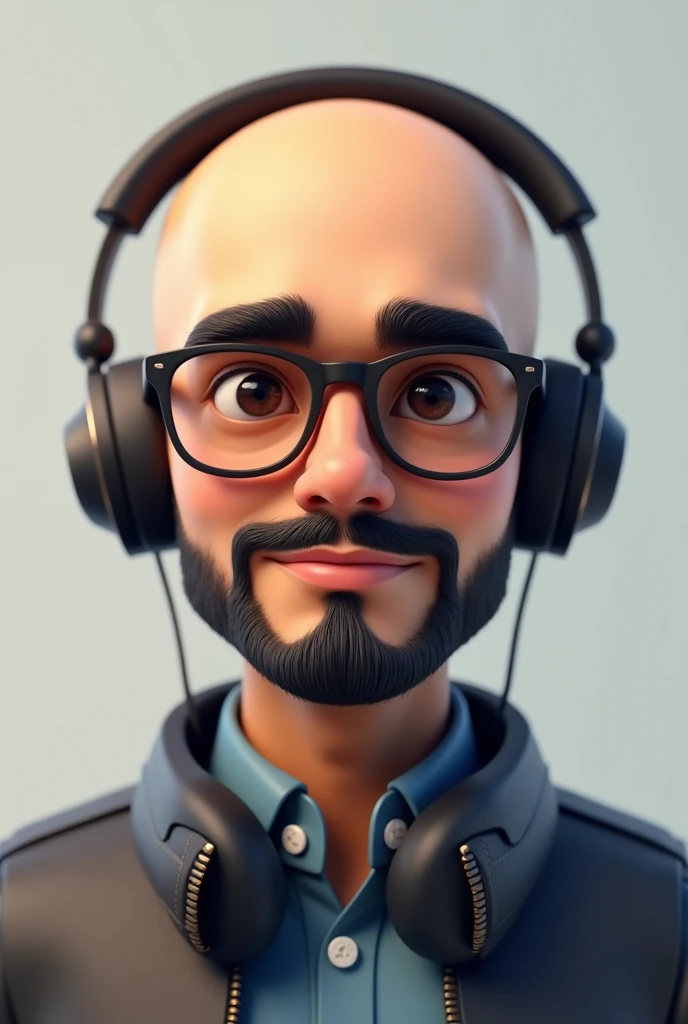 A Pakistani Skin Toned Young man completely bald, small beard and normal mustache, in portrait bitmoji image. wearing glasses. wearing moderate size headphone. be a healthy ROUND face. and his face should be from facing just like in passport picture. eyes should not be that much opened. make the skin a little dark. can you make it a bit more 3d animatic?