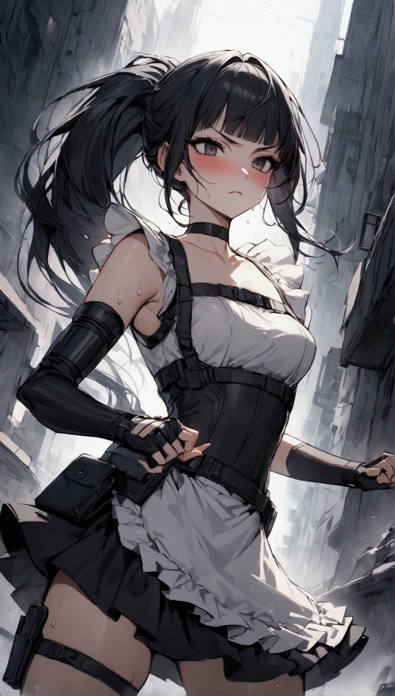 cowboy shot,1girl solo,Female fighter ,maid outfit, collarbone, {{white puff sleeves:1.4}}, {{White short-sleeved puff-sleeved blouse:1.6}},black shoulder straps, black corset, black flared skirt, blunt bangs, black choker. Dynamic composition,dutch angle,{{fight}},{{masterpiece}}, {{{Highest quality}}},{{Very detailed}},holster ,Fight,,{{v-shaped eyebrows}},Bad mood,blush,Sweat,raise one's eyebrows ,Black hair Long hair,Blunt bangs ,cyberpunk ,Black fingerless gloves ,White frilled apron,ponytail,Training area,Indoor