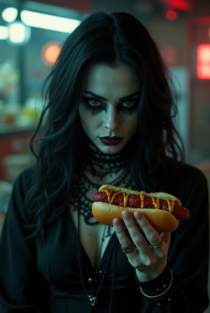 A big ass goth looking with desire at a hot dog
