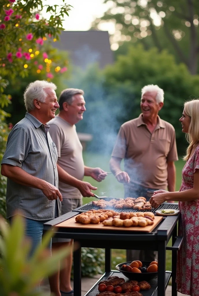 Three men having a barbecue in the afternoon with foreign women in front of their house.