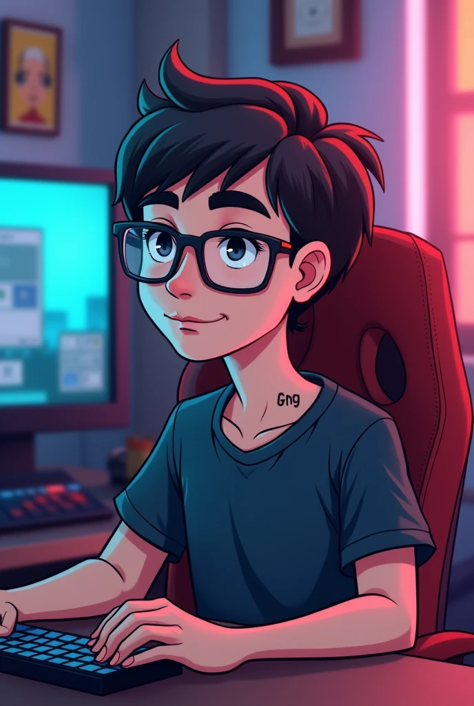 make a picture of a white guy, with square glasses, the nose is a little big ,straight dark brown hair, make him sit in a gamer chair as if he were doing a live stream and on his neck a small tattoo saying "GN9", he&#39;s doing a live on Twitch, cartoon-like
