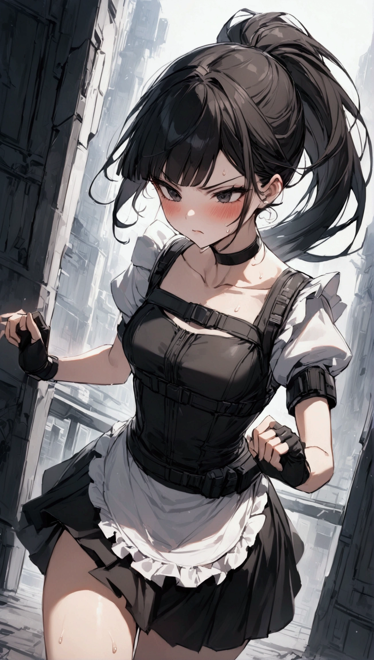 cowboy shot,1girl solo,Female fighter ,maid outfit, collarbone, {{white puff sleeves:1.4}}, {{White short-sleeved puff-sleeved blouse:1.6}},black shoulder straps, black corset, black flared skirt, blunt bangs, black choker. Dynamic composition,dutch angle,{{fight}},{{masterpiece}}, {{{Highest quality}}},{{Very detailed}},holster　,Fight,,{{v-shaped eyebrows}},Bad mood,blush,Sweat,raise one's eyebrows　,Black hair Long hair,Blunt bangs　,cyberpunk　,Black fingerless gloves　,White frilled apron,ponytail,Training area,Indoor