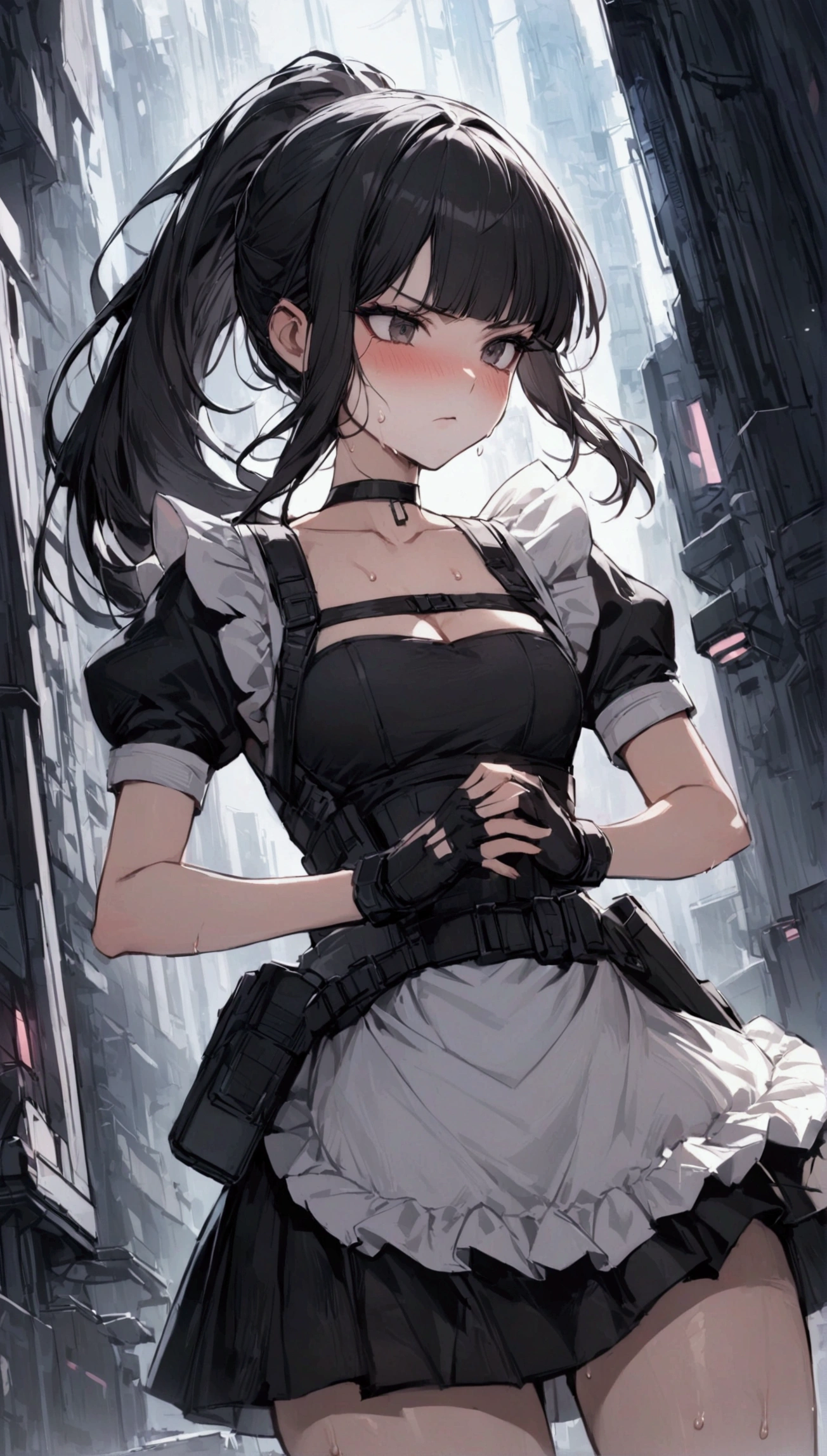 1girl solo,Female fighter ,maid outfit, collarbone, {{white puff sleeves:1.4}}, {{White short-sleeved puff-sleeved blouse:1.6}},black shoulder straps, black corset, black flared skirt, blunt bangs, black choker. Dynamic composition,dutch angle,{{fight}},{{masterpiece}}, {{{Highest quality}}},{{Very detailed}},holster ,Fight,,{{v-shaped eyebrows}},Bad mood,blush,Sweat,raise one's eyebrows ,Black hair Long hair,Blunt bangs ,cyberpunk ,Black fingerless gloves ,White frilled apron,ponytail,Beautiful thighs,Training area,Indoor