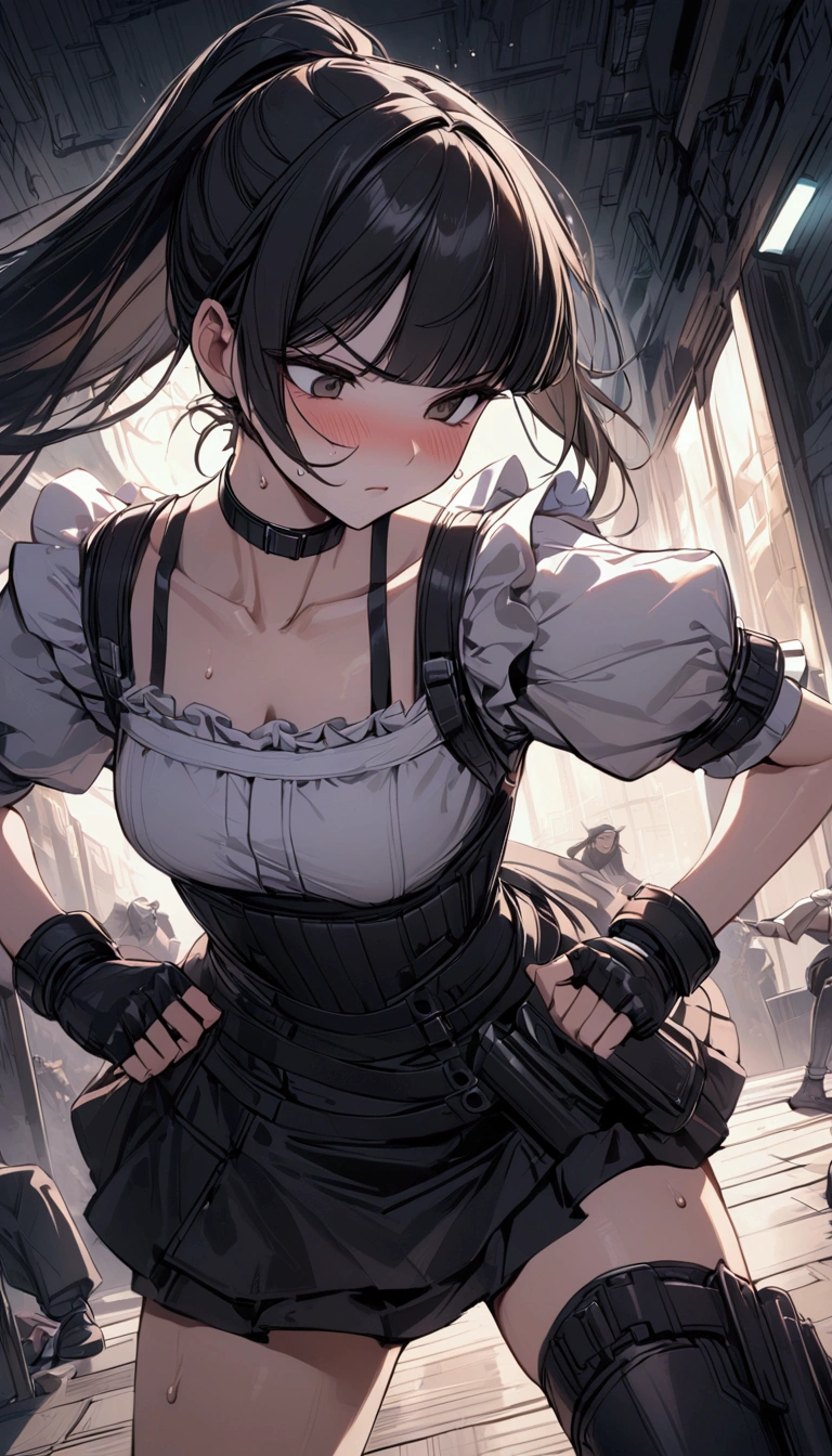 cowboy shot,1girl solo,Female fighter ,maid outfit, collarbone, {{white puff sleeves:1.4}}, {{White short-sleeved puff-sleeved blouse:1.6}},black shoulder straps, black corset, black flared skirt, blunt bangs, black choker. Dynamic composition,dutch angle,{{fight}},{{masterpiece}}, {{{Highest quality}}},{{Very detailed}},holster　,Fight,,{{v-shaped eyebrows}},Bad mood,blush,Sweat,raise one's eyebrows　,Black hair Long hair,Blunt bangs　,cyberpunk　,Black fingerless gloves　,White frilled apron,ponytail,Training area,Indoor