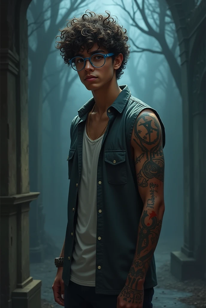 Bruno is a 22 year old adult with curly frizzy hair , brown eyes almost black in tone , has light brown skin , wears blue-rimmed glasses and wears semi-formal clothing. He has symbols tattooed on his left arm that he leaves visible most of the time. Make it RPG style with him bleeding paranormal order