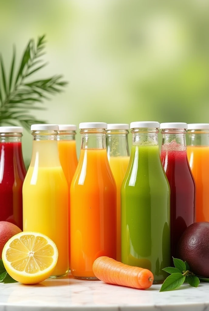 Image with 10 green lemon fruit juices, carrot, beet, tree tomato, passion fruit in transparent bottles to serve at work events or social activities