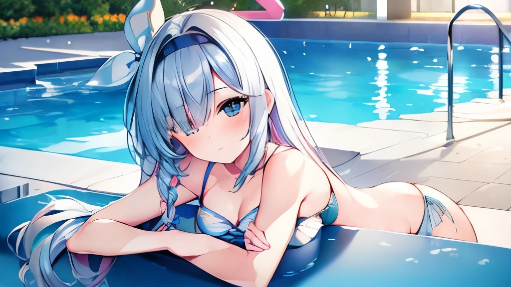 ((masterpiece)), ((best quality)), (ultra-detailed), pool, a cute girl, 1girl, solo, bikini, ((beautiful eyes)), smile