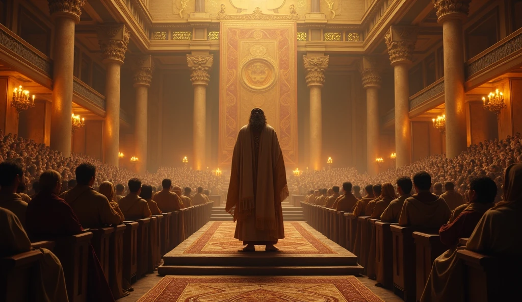 Create a hyper-realistic and mysterious image of a large ancient auditorium, where Solomon is standing on a raised stage, surrounded by an attentive audience. As pessoas, wearing traditional costumes from biblical times, are sitting on wooden benches, in reverent silence, as they listen to the king&#39;s words of wisdom. The environment should be lit by torches and candelabras that project a soft, golden light., creating an atmosphere of anticipation and mystery. The stage should be decorated with tapestries and symbols of prosperity, reinforcing the idea that what is being taught goes beyond material wealth and touches the essence of a meaningful life.