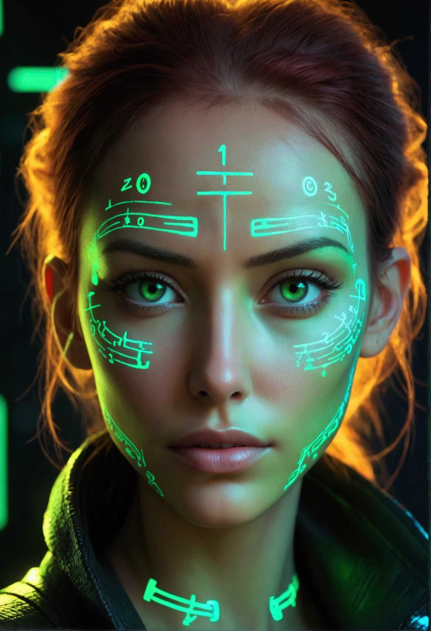 Close-up of woman's face, glowing green holographic equations projected onto skin. Intense gaze, realistic features. Dark background, cyberpunk aesthetic. Luminous mathematical formulas, handwritten style. Futuristic, high-tech atmosphere. Photorealistic rendering, dramatic lighting, sharp contrast