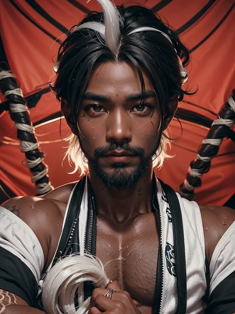 A 10-year-old Tibetan boy turns into a werewolf,red colored skin,Shirtless,The barefoot,Bare ass,Lying in the desert,Blood dripping