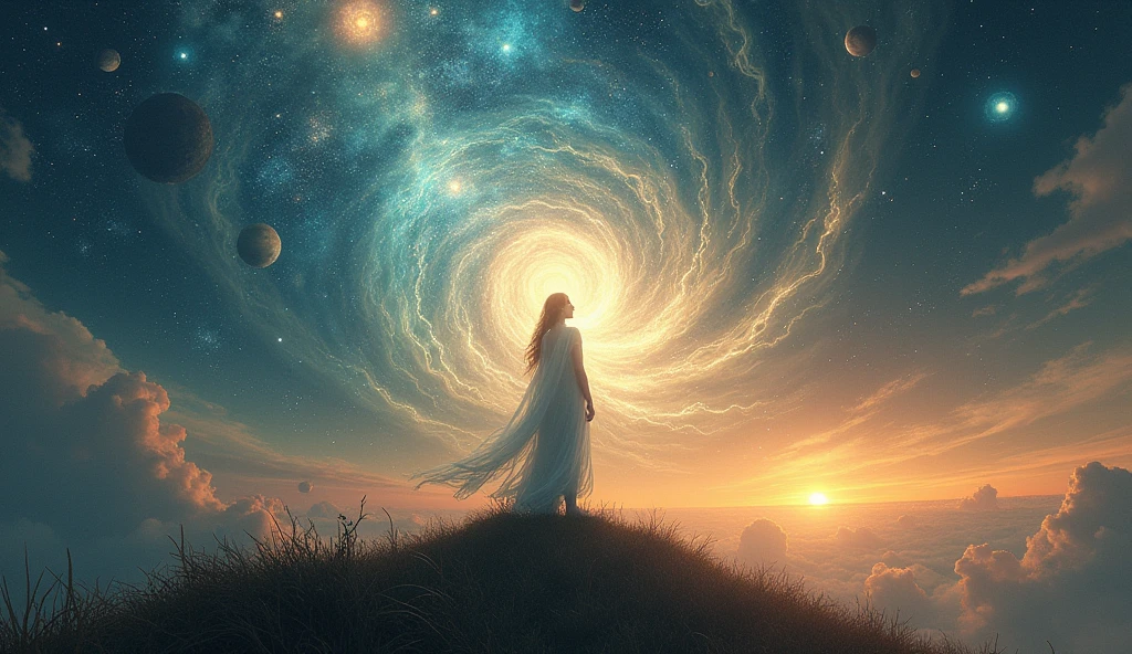 A person standing on a hilltop, bathed in light with a cosmic backdrop of stars and planets. Their aura should be glowing and interconnected with the celestial scene. --ar 16:9