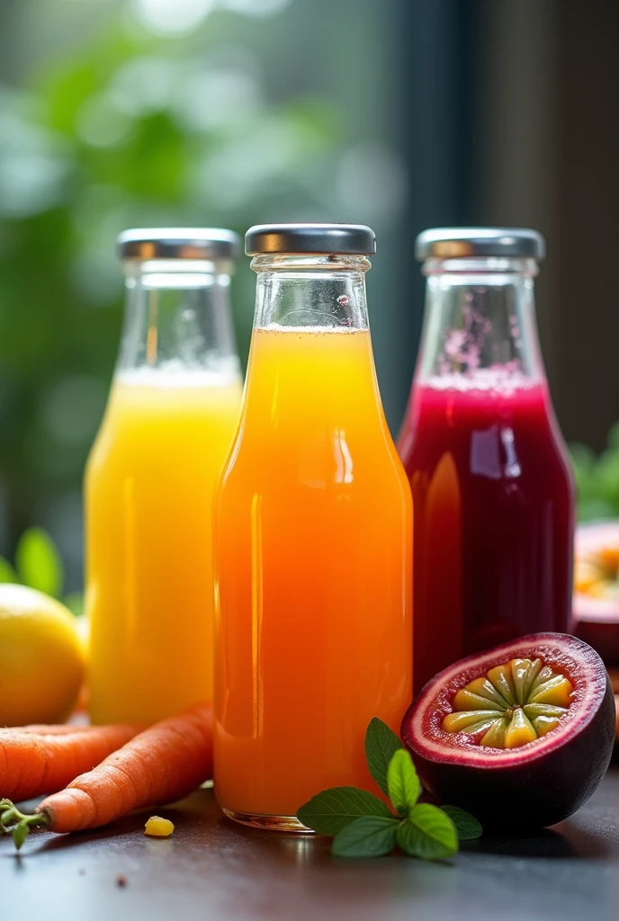 Image with green lemon fruit juices, carrot, beet, tree tomato, passion fruit in transparent bottles to serve at work events or social activities 
