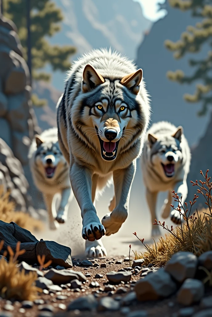 Create a wolf that is running and is being chased by dogs